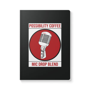 Image of Mic Drop Blend artwork on the cover of a black journal style note pad with white background