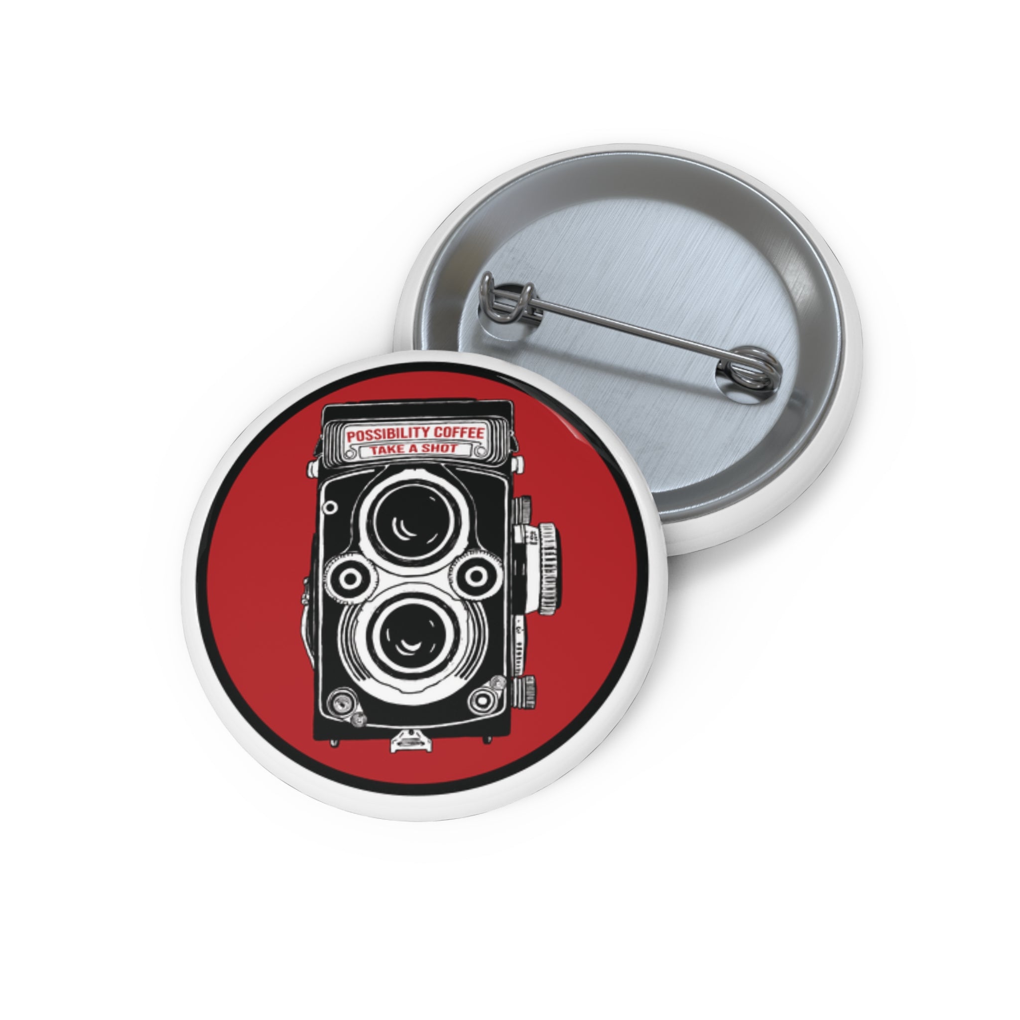 Possibility Coffee Take a Shot Button pin front and back on white background