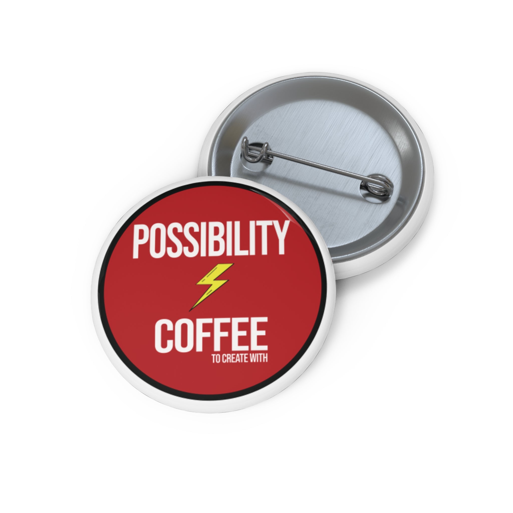 Possibility Coffee Button pin front and back on white background