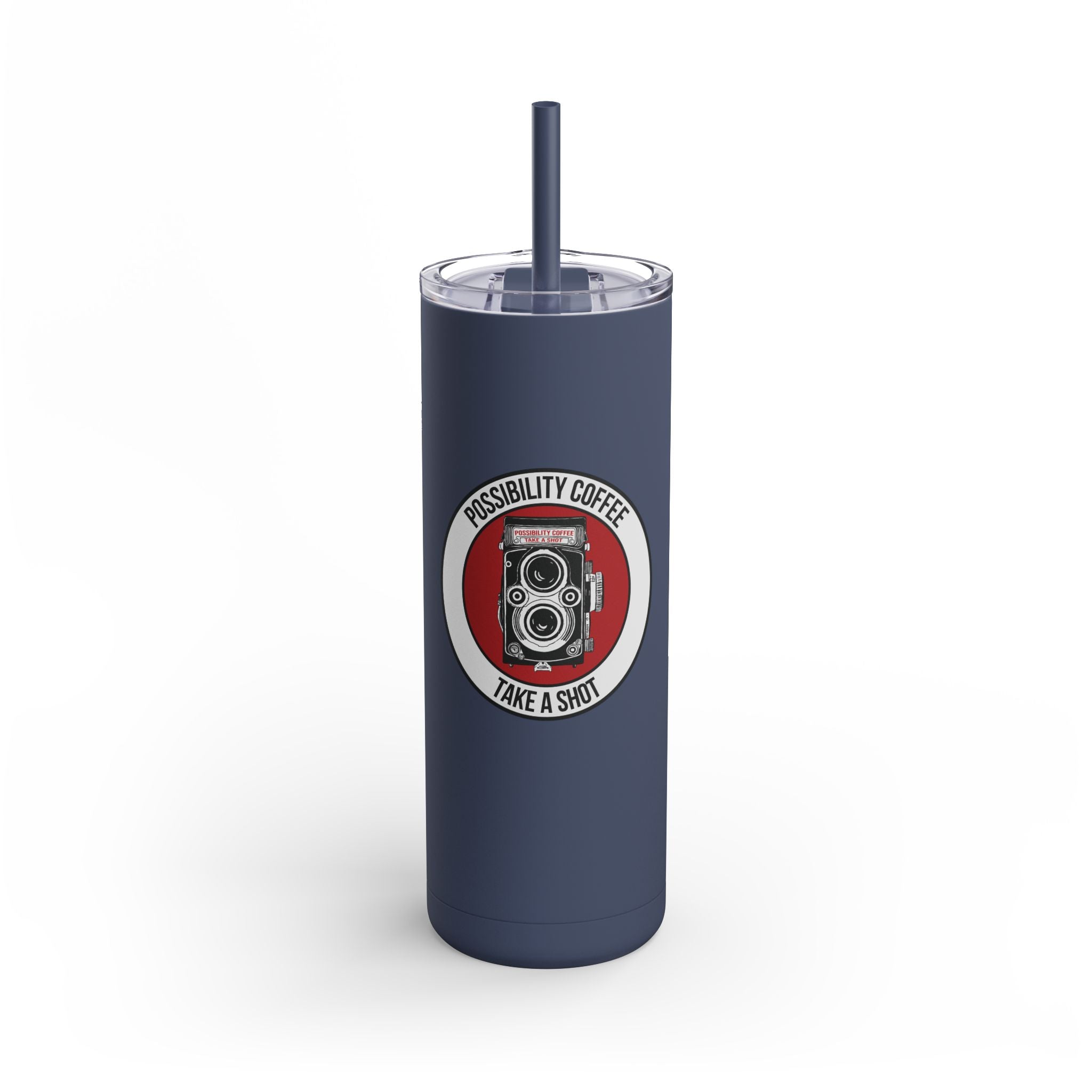 Take a Shot Navy blue tumbler with a camera design and text on a white background