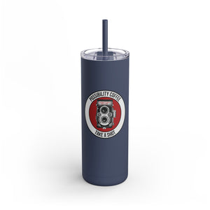 Take a Shot Navy blue tumbler with a camera design and text on a white background