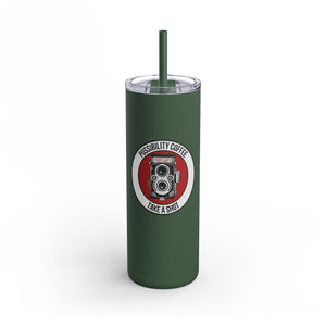 Take a Shot Green tumbler with a camera design and text on a white background