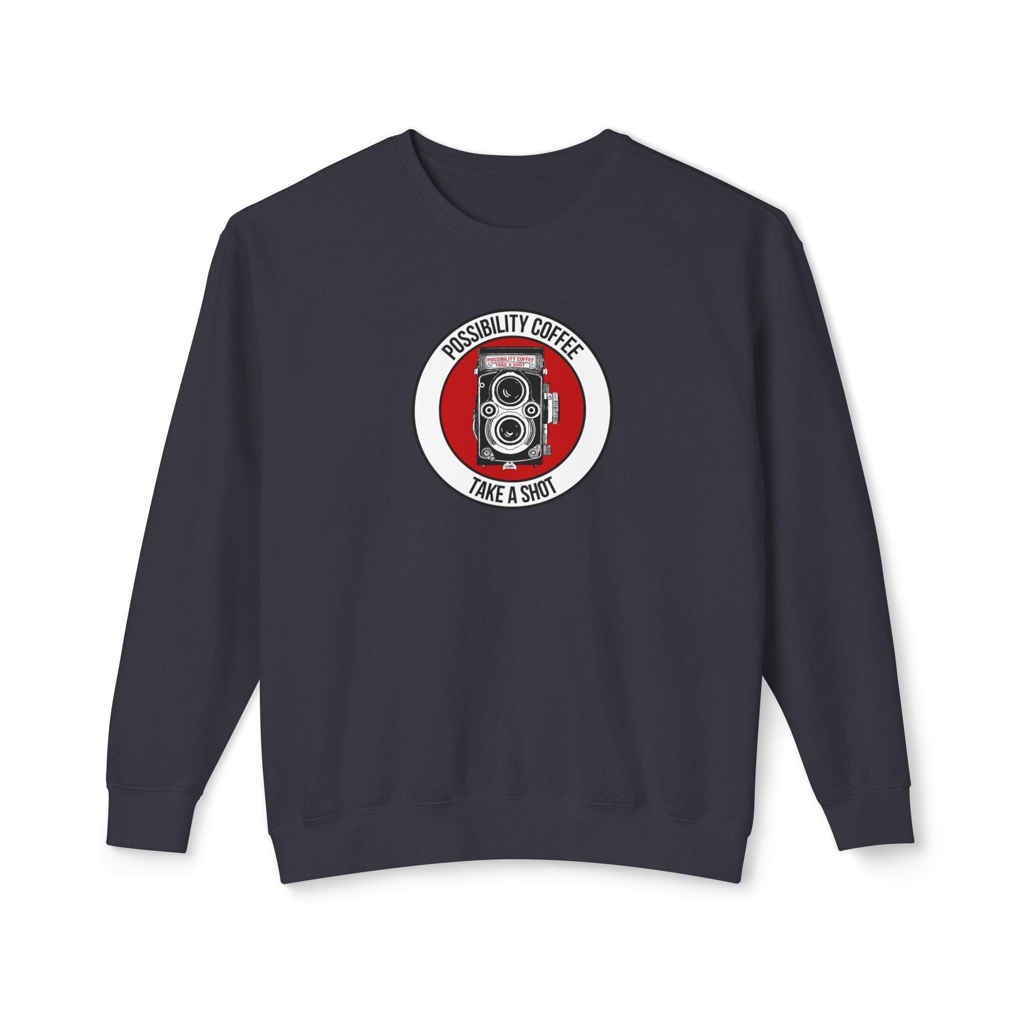 Take a Shot Black sweatshirt with a camera graphic and text on a white background