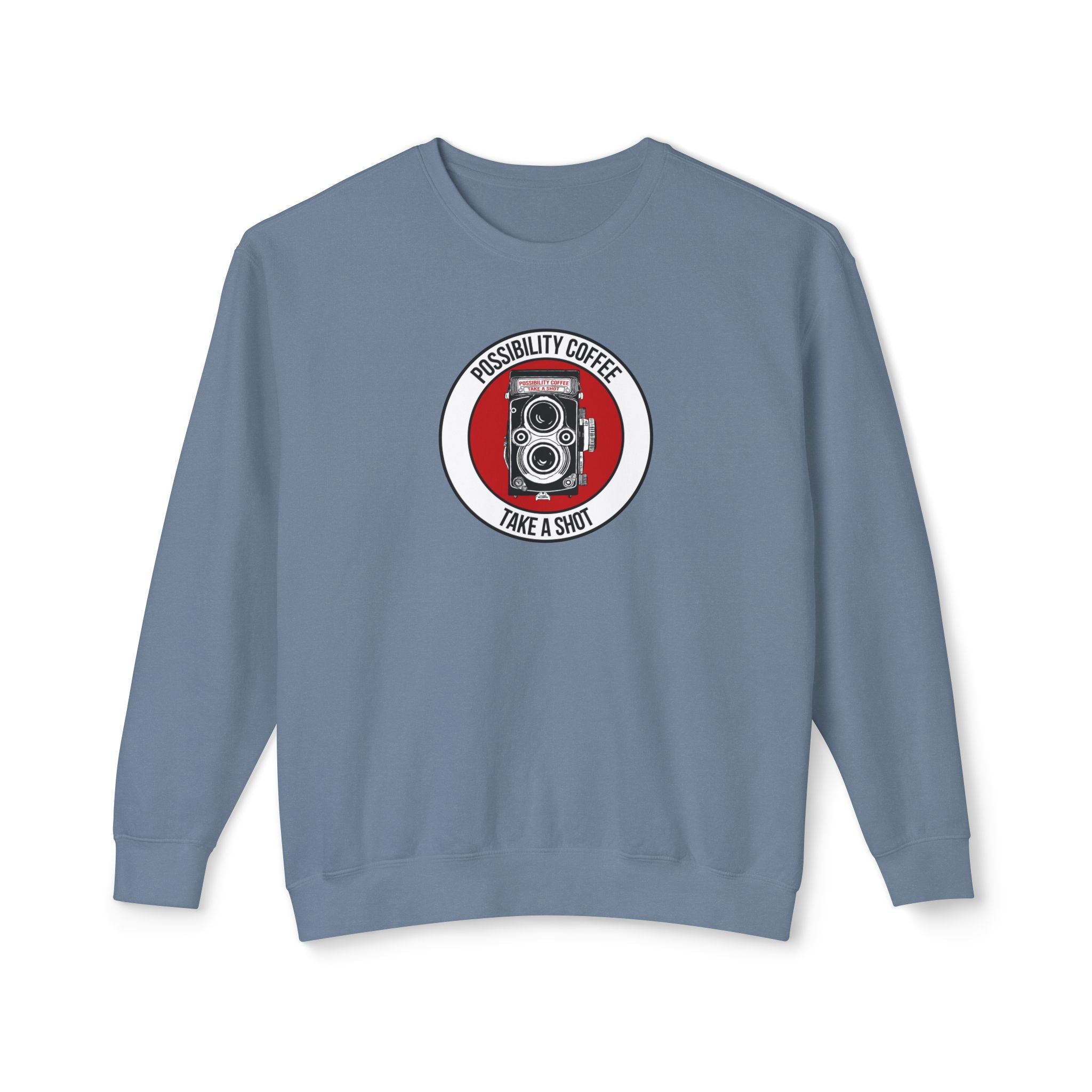 Take a Shot Camera Blue sweatshirt with a camera graphic and text on a white background