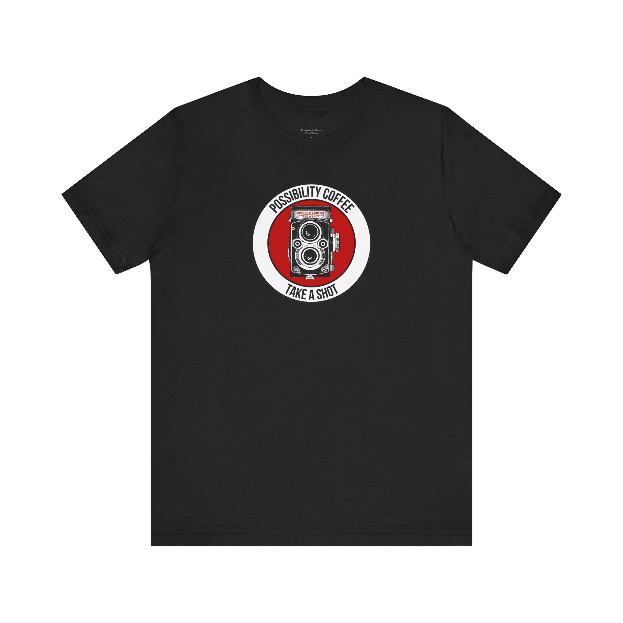 Black t-shirt with a circular graphic design featuring a camera and text on a white background
