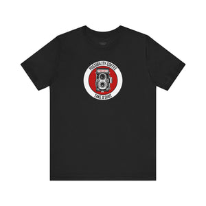 Black t-shirt with a circular graphic design featuring a camera and text on a white background