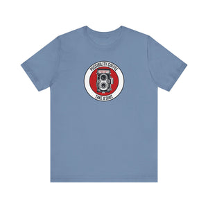Blue t-shirt with a camera graphic and text on a white background