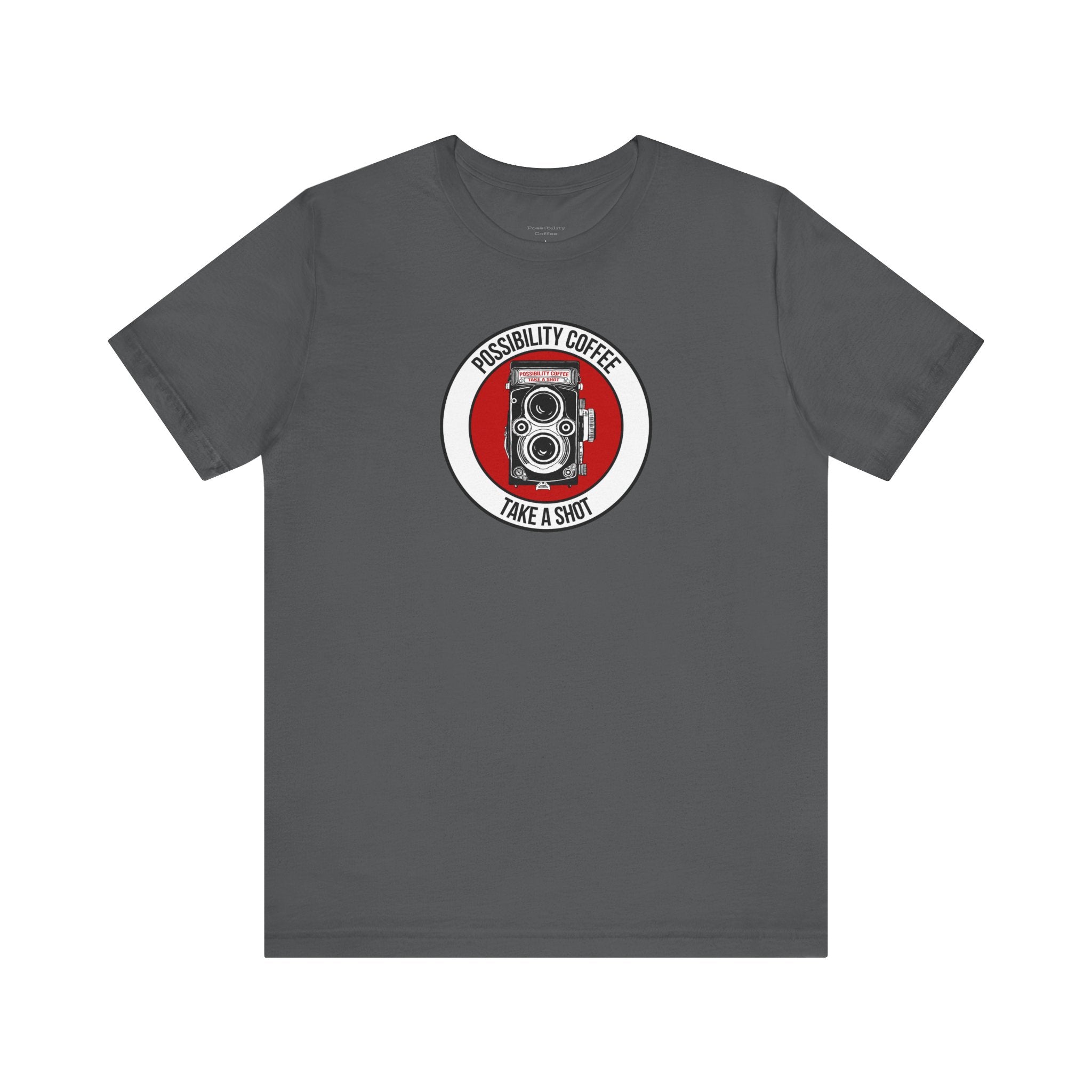 Gray t-shirt with a camera graphic and text on a white background