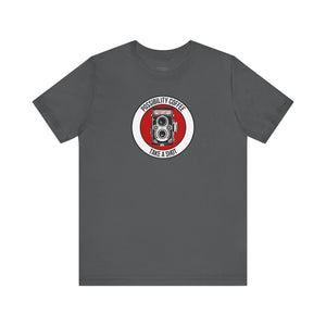 Gray t-shirt with a camera graphic and text on a white background