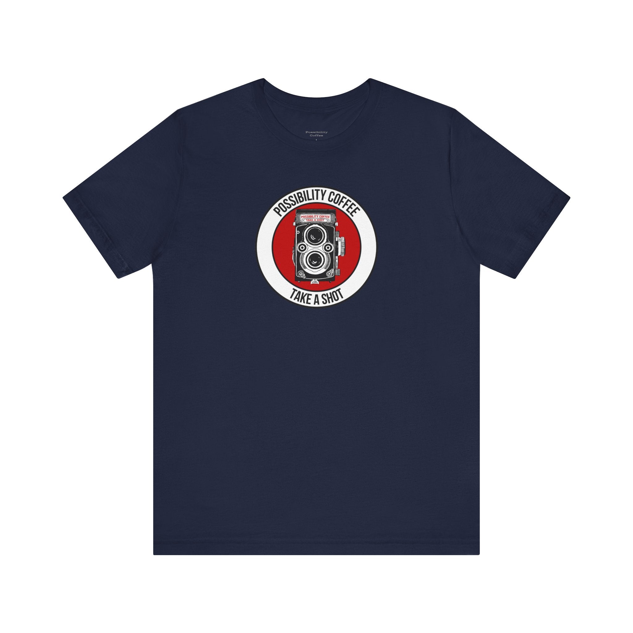 Navy blue t-shirt with a circular graphic featuring a camera and text on a white background