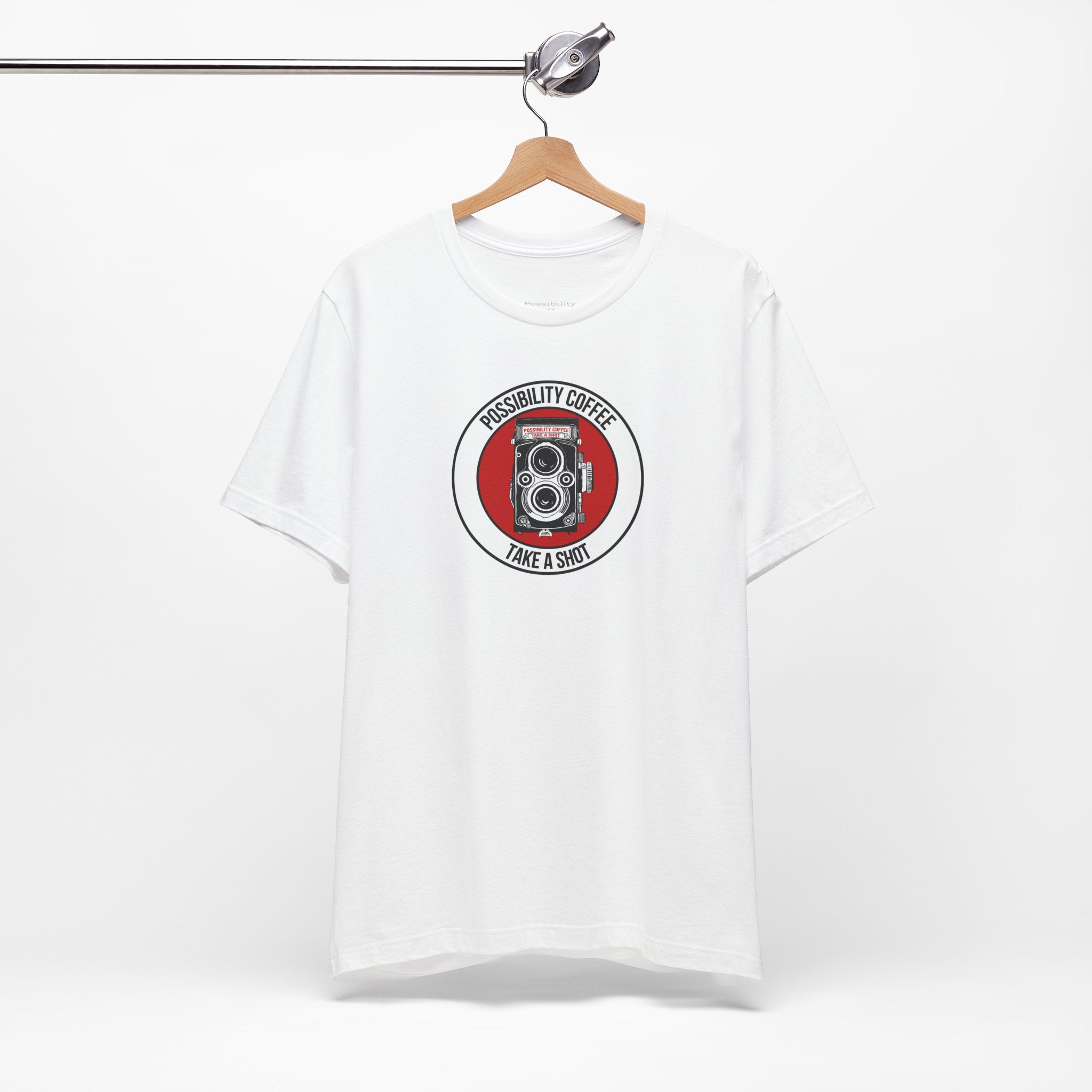 White t-shirt with a red and black graphic design on a white background