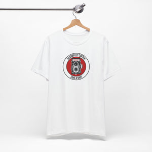 White t-shirt with a red and black graphic design on a white background