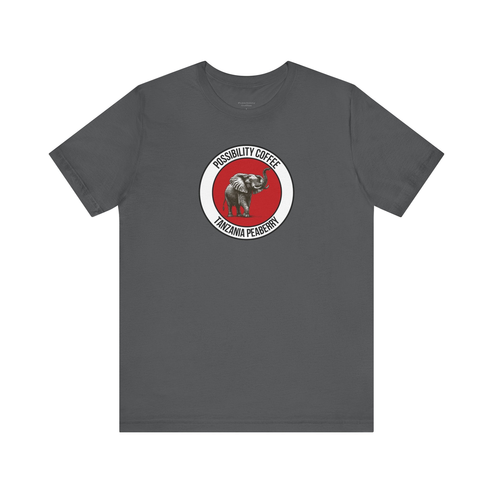 Tanzania Peaberry Gray t-shirt with a red and white logo featuring an elephant on a white background