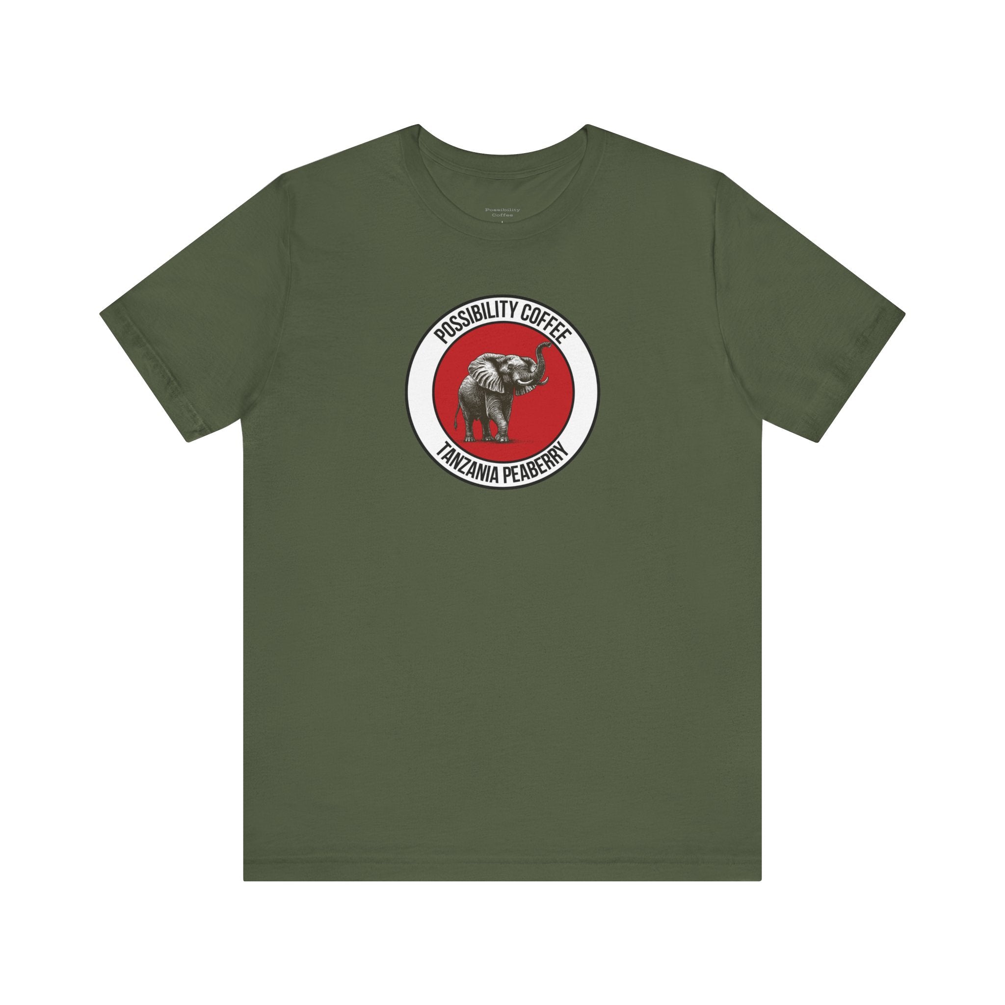 Tanzania Peaberry military Green t-shirt with a red and white logo featuring an elephant on a white background