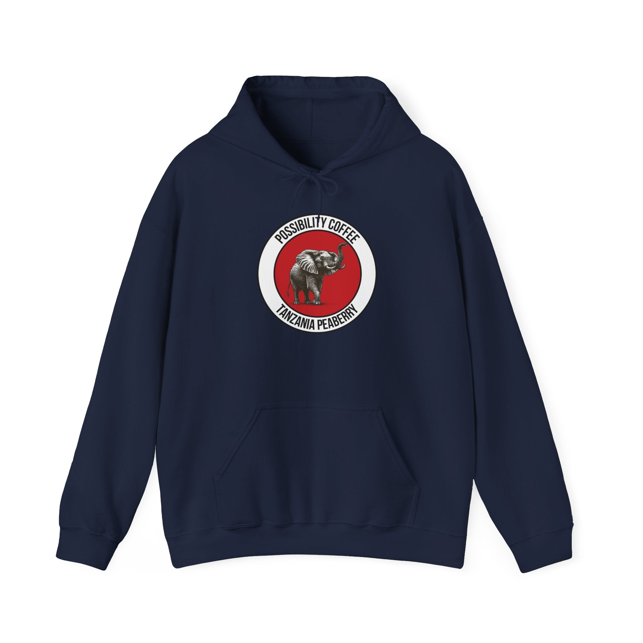 Tanzania Peaberry Navy blue hoodie with a circular logo featuring an elephant on a white background