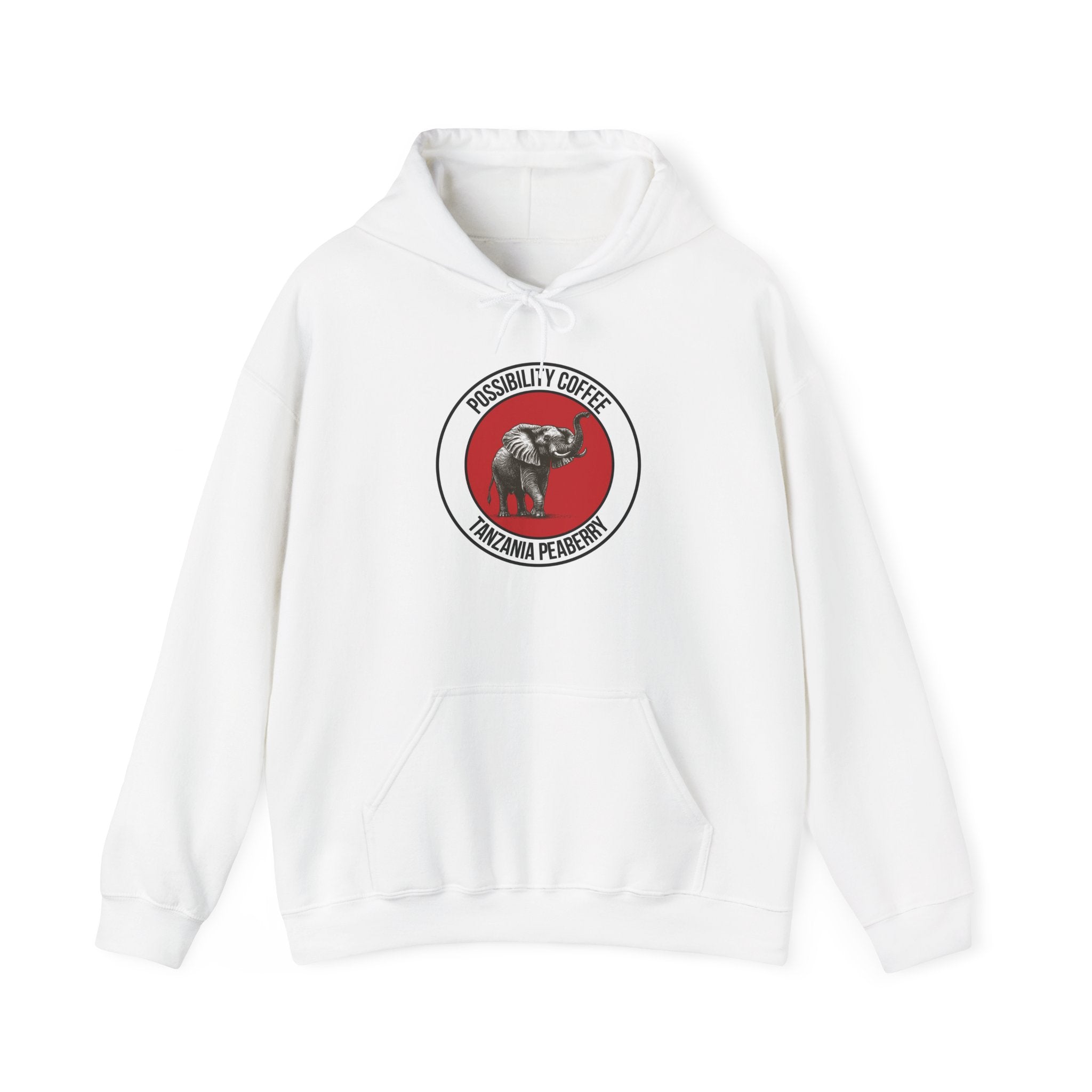 Tanzania Peaberry White hoodie with a circular logo featuring an elephant on a white background