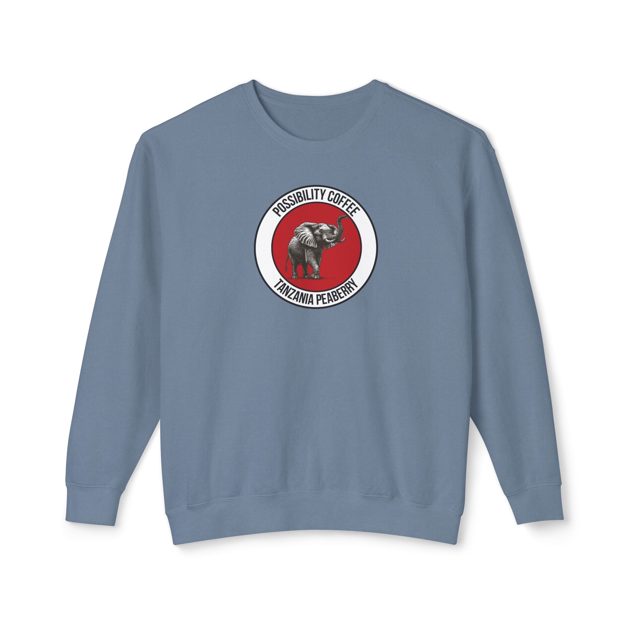 Tanzania Peaberry Blue sweatshirt with a circular logo featuring an elephant on a white background