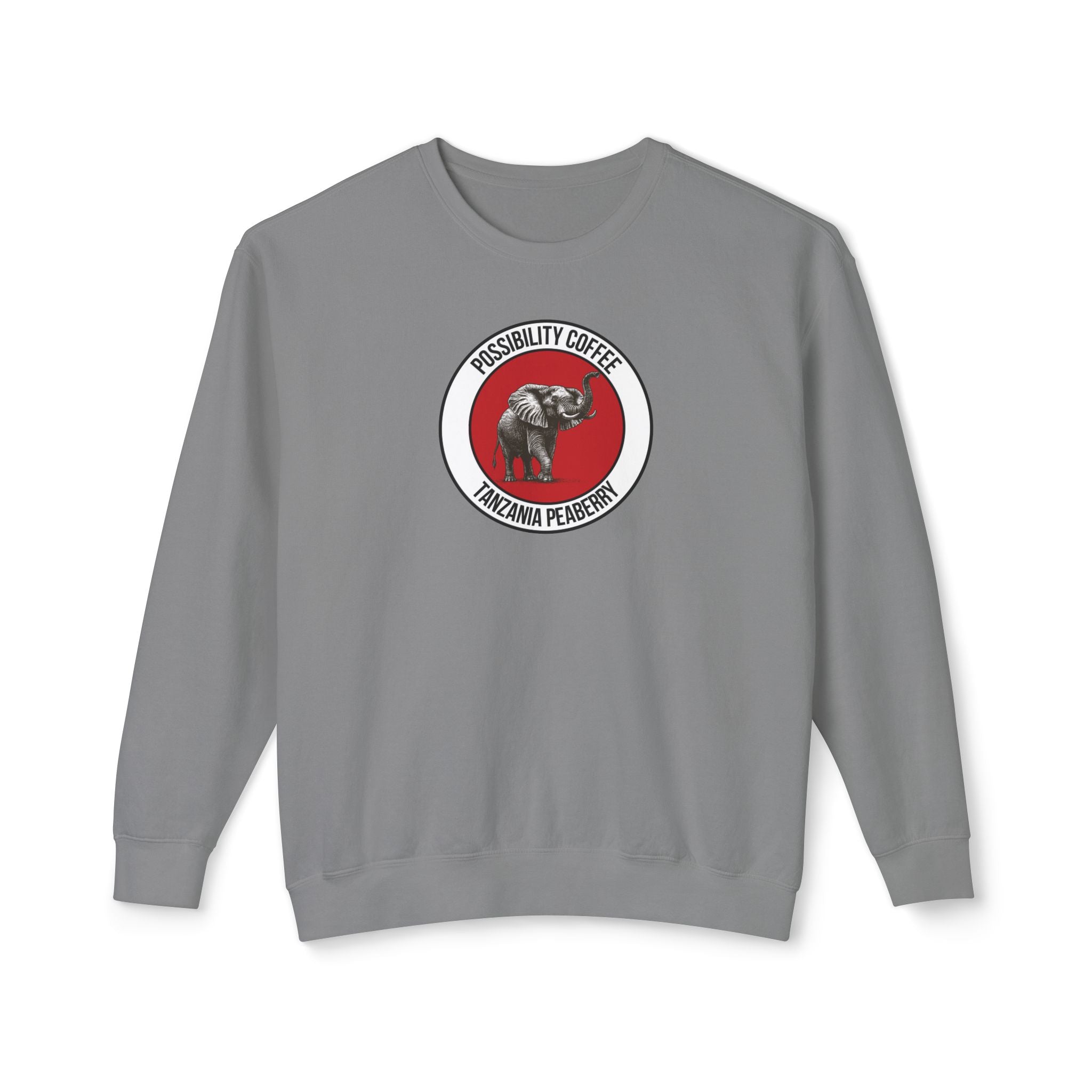Tanzania Peaberry Gray sweatshirt with a red and white logo featuring an elephant on a white background
