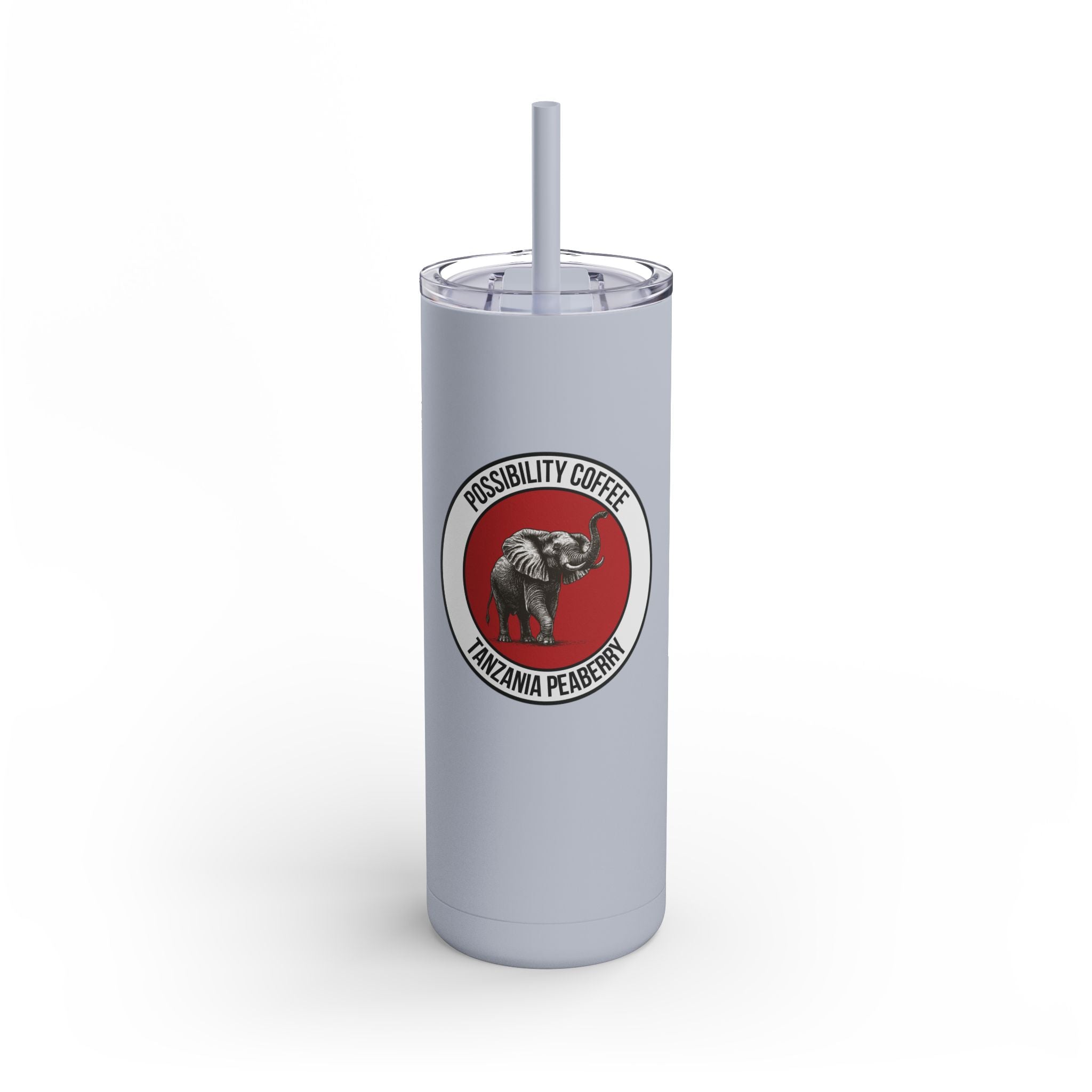 Tanzania Peaberry Tumbler with a logo featuring an elephant and text on a white background