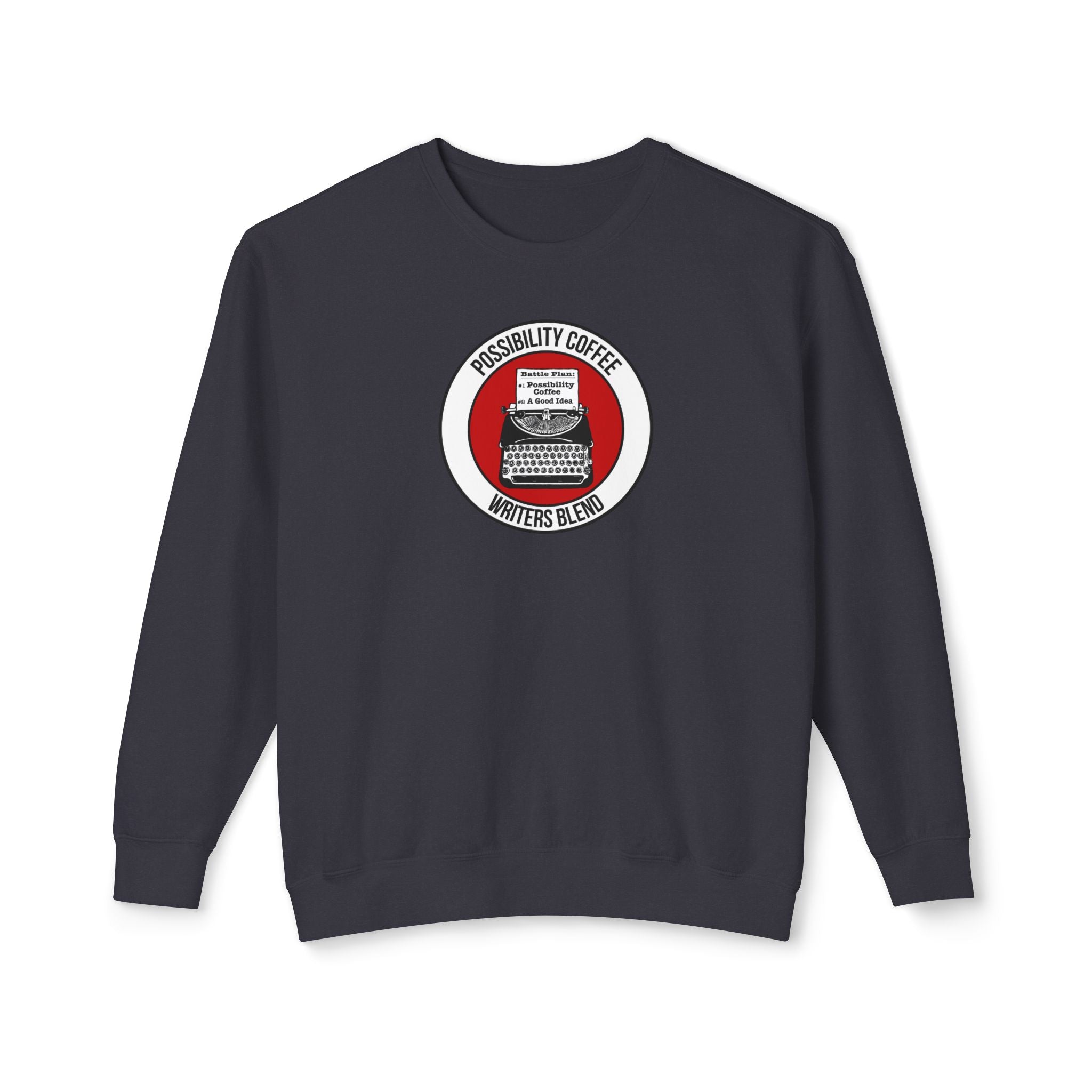 Writers Blend black sweatshirt with a circular logo featuring text and an image of a typewriter on a white background.