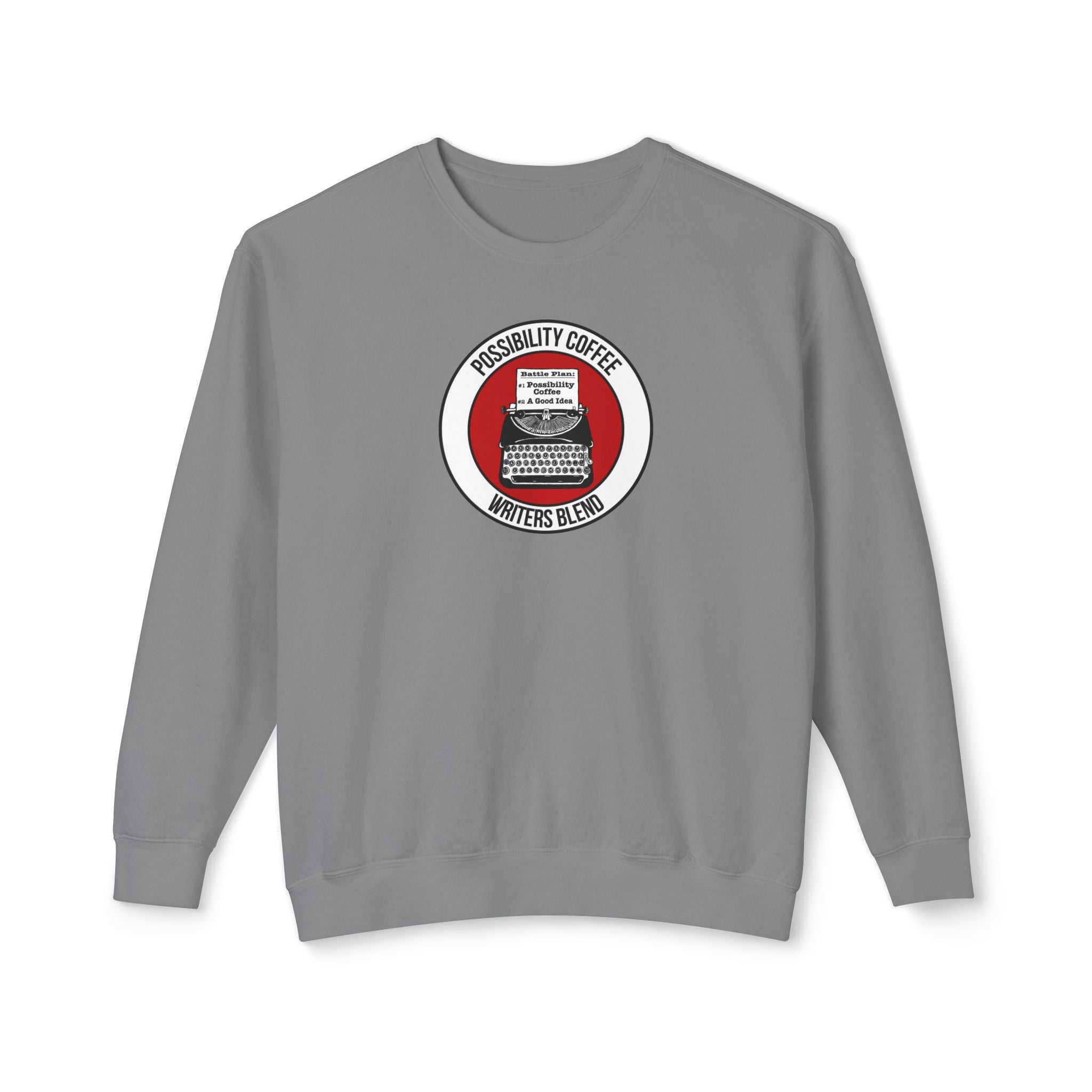 Writers Blend Gray sweatshirt with a circular logo featuring a text and a typewriter on a white background