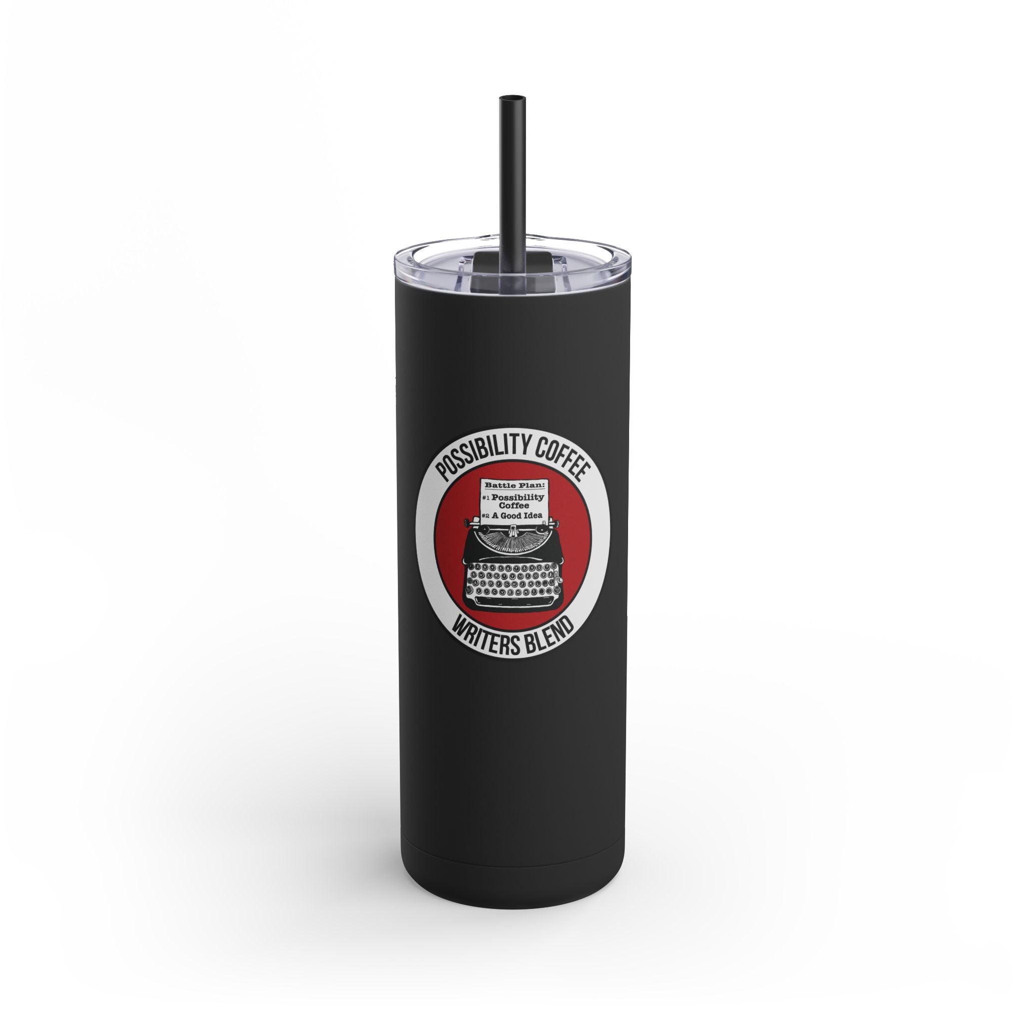 Writers Blend Black tumbler with a typewriter logo and text on a white background
