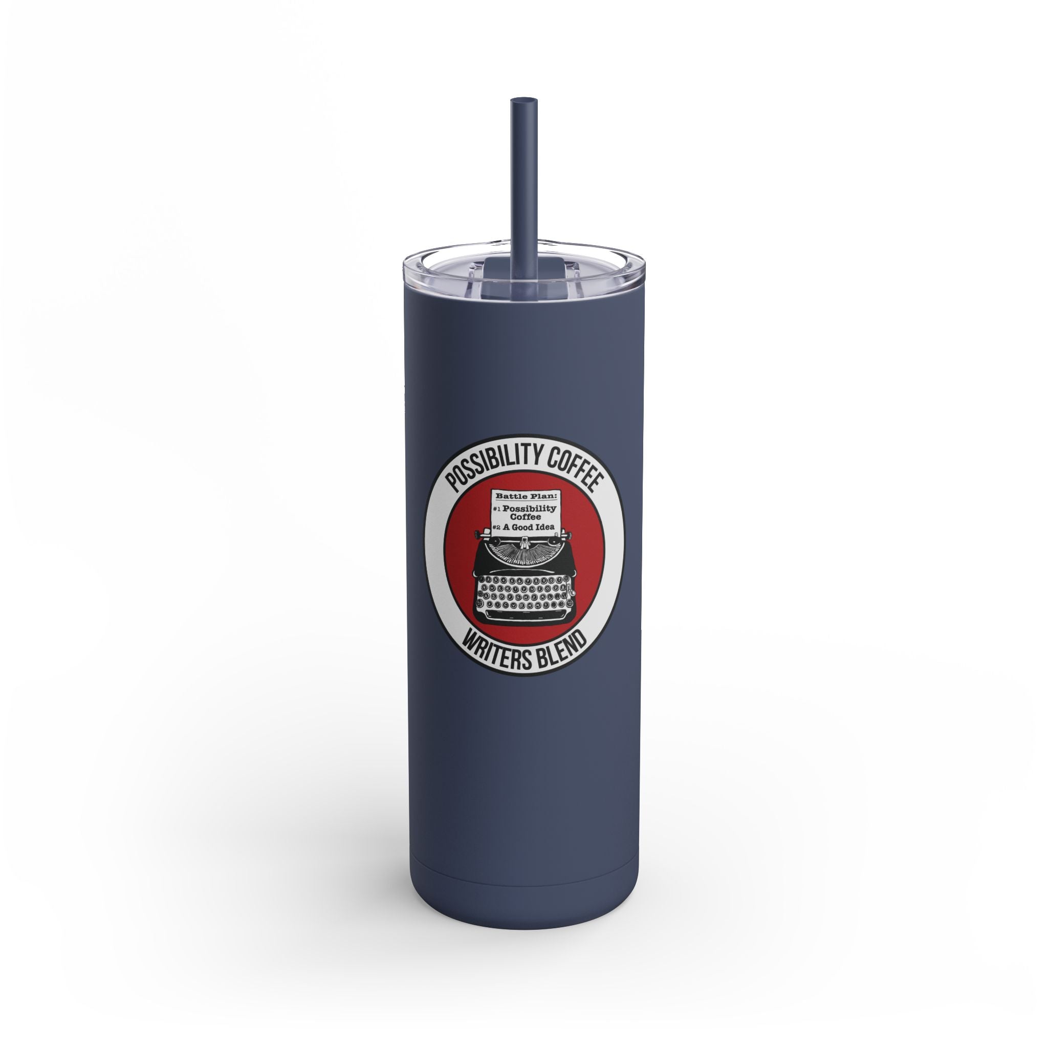 Writers Blend Navy blue tumbler with a typewriter logo and text on a white background
