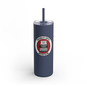 Writers Blend Navy blue tumbler with a typewriter logo and text on a white background