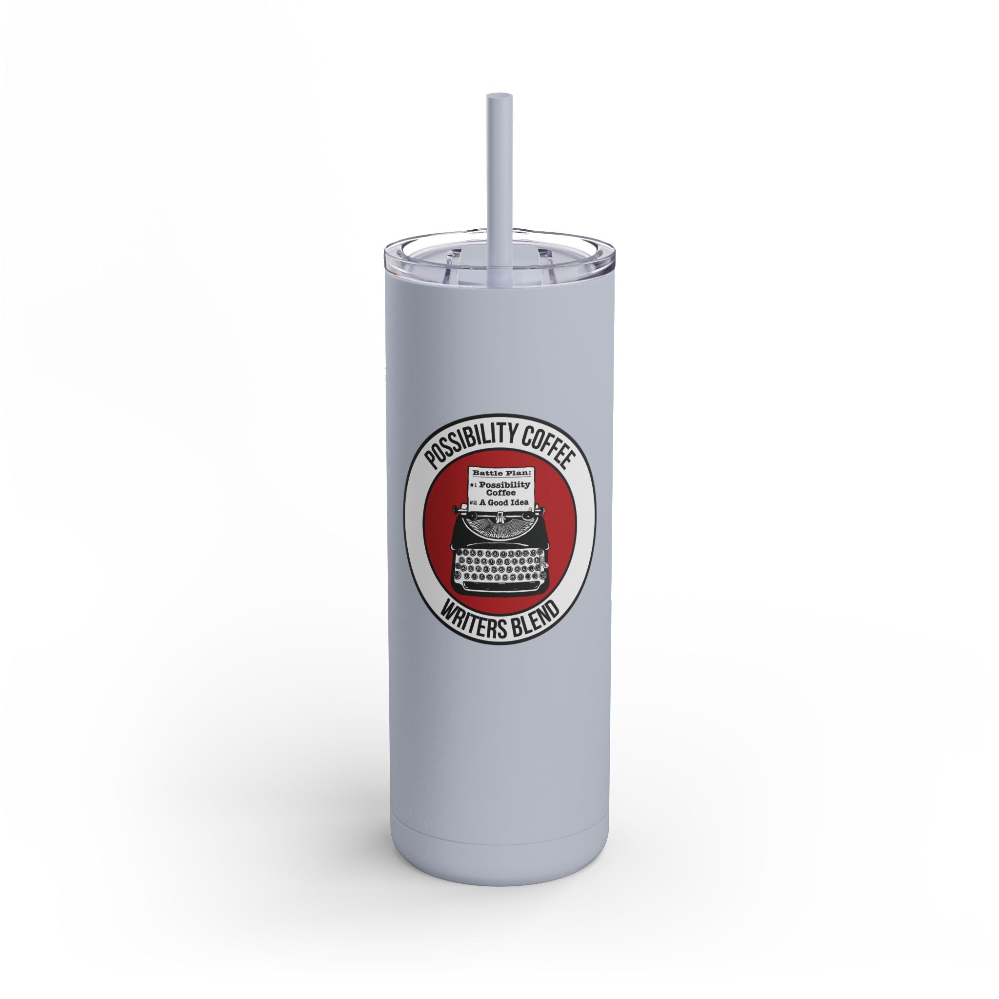 Writers Blend Travel tumbler with a logo of classic typewriter and text on a white background