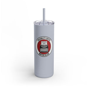 Writers Blend Travel tumbler with a logo of classic typewriter and text on a white background
