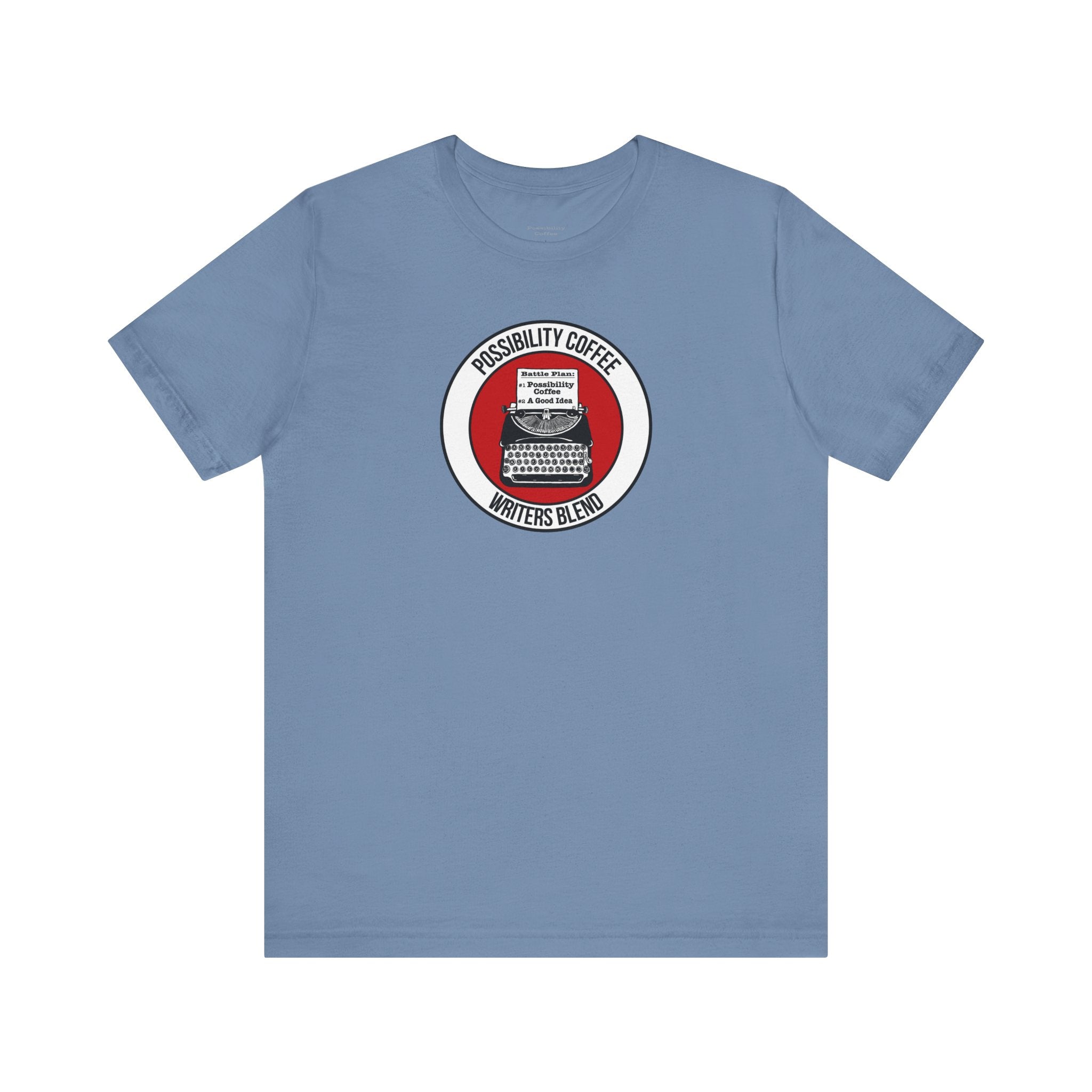 Writers Blend Blue t-shirt with a circular logo featuring a typewriter on a white background