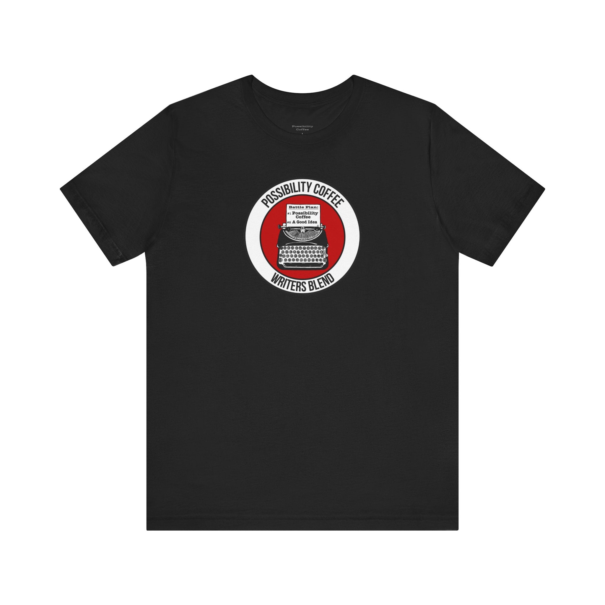 Writers Blend Typewriter Black t-shirt with a red and white graphic on a white background