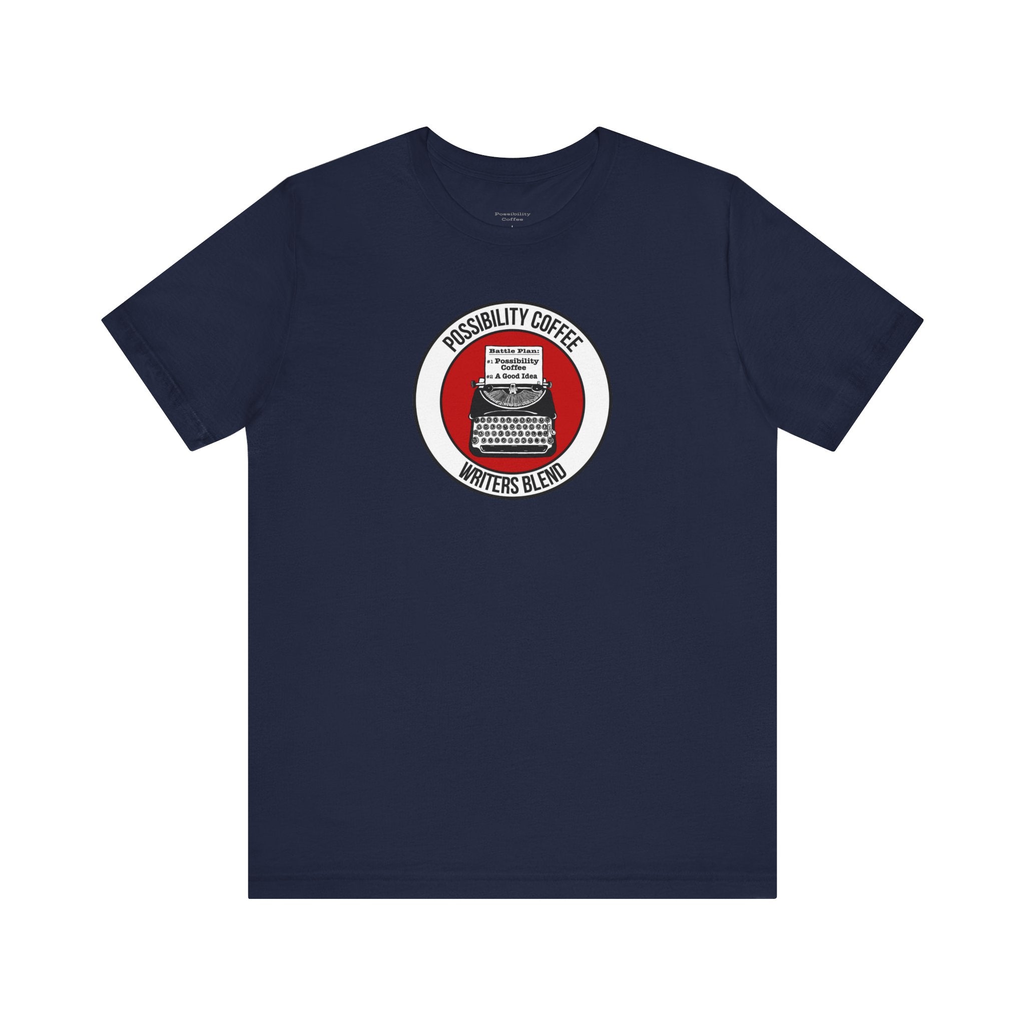 Writers Blend Navy blue t-shirt with a circular logo featuring text and a typewriter on a white background