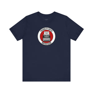 Writers Blend Navy blue t-shirt with a circular logo featuring text and a typewriter on a white background