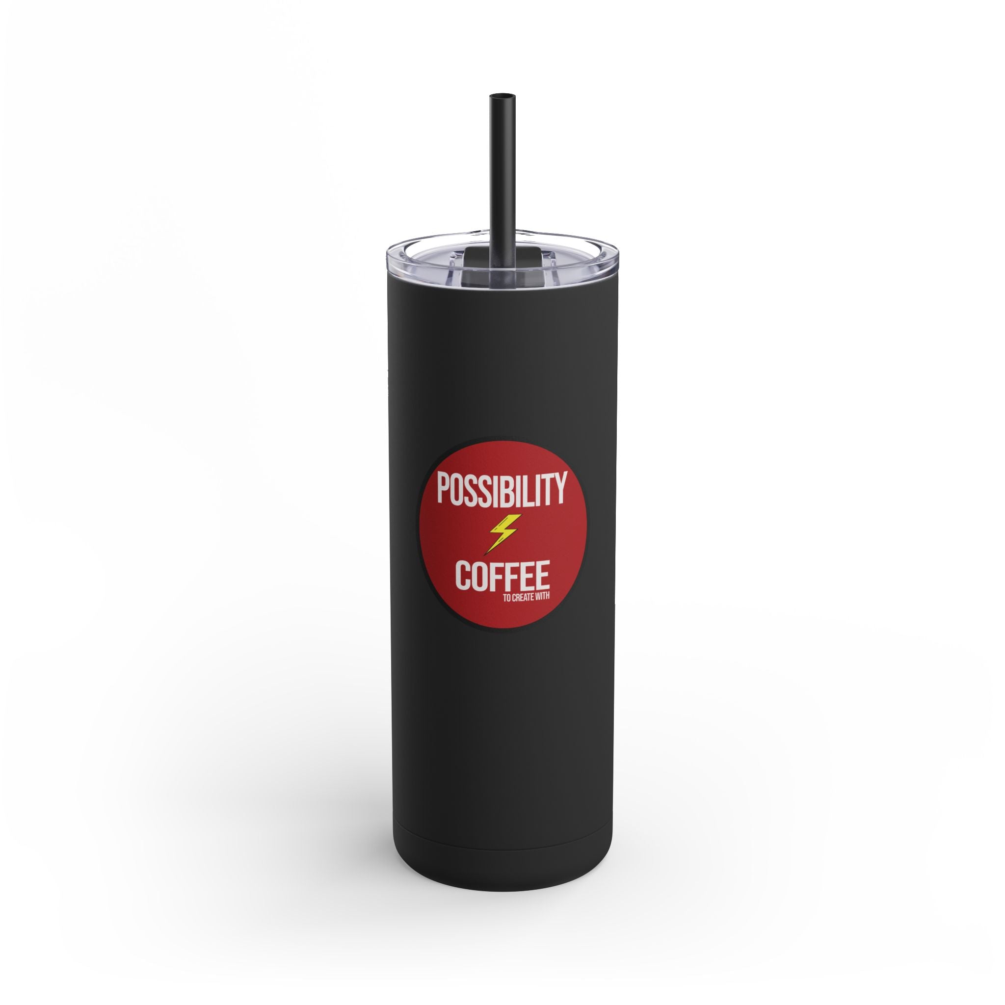 Black matte finish tumbler  with Possibility Coffee Logo Blend Artwork for hot and cold beverages with lid and matching straw  with white background