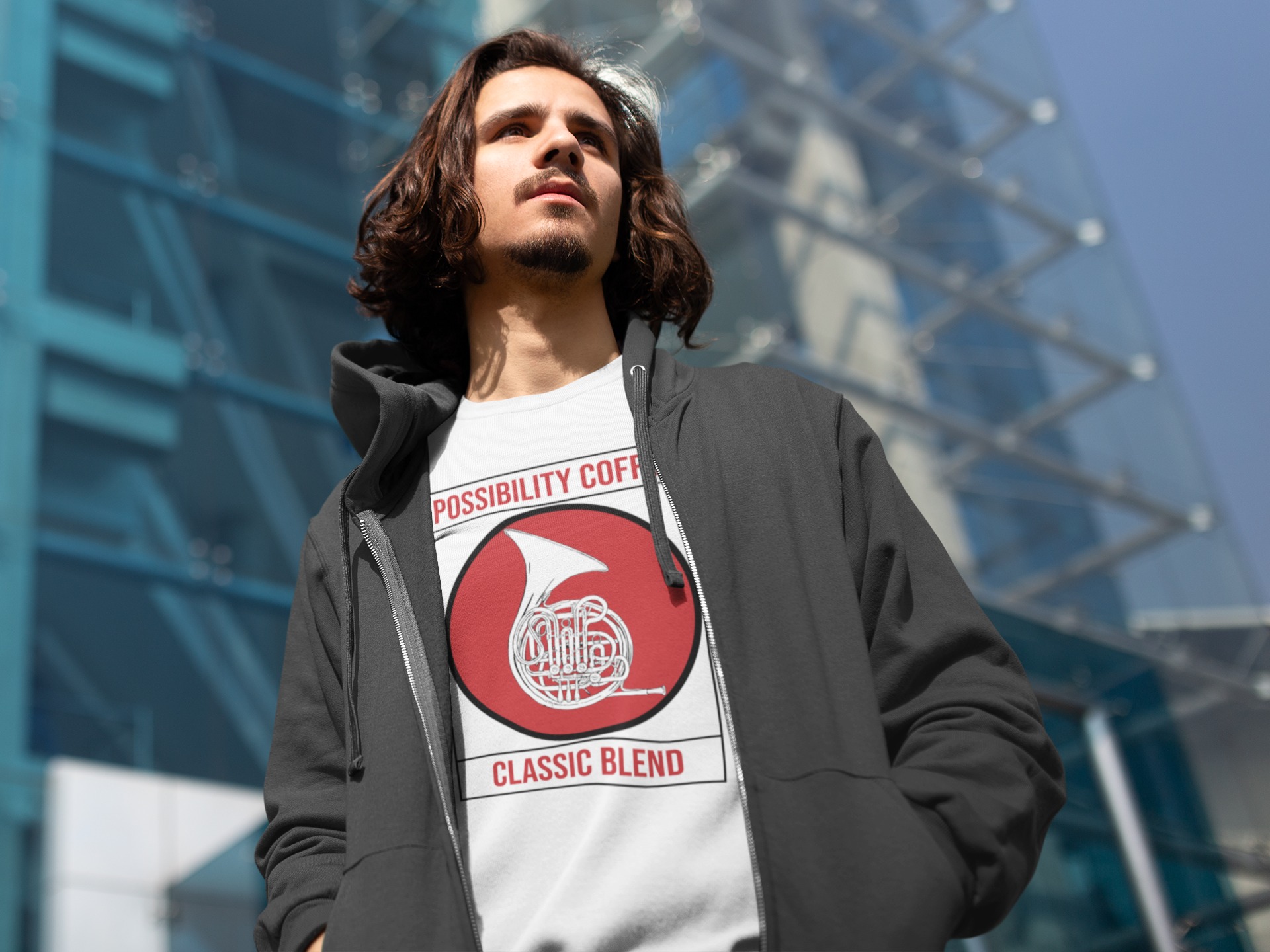 Man wearing Possibility Coffee Classic Blend Sweatshirt