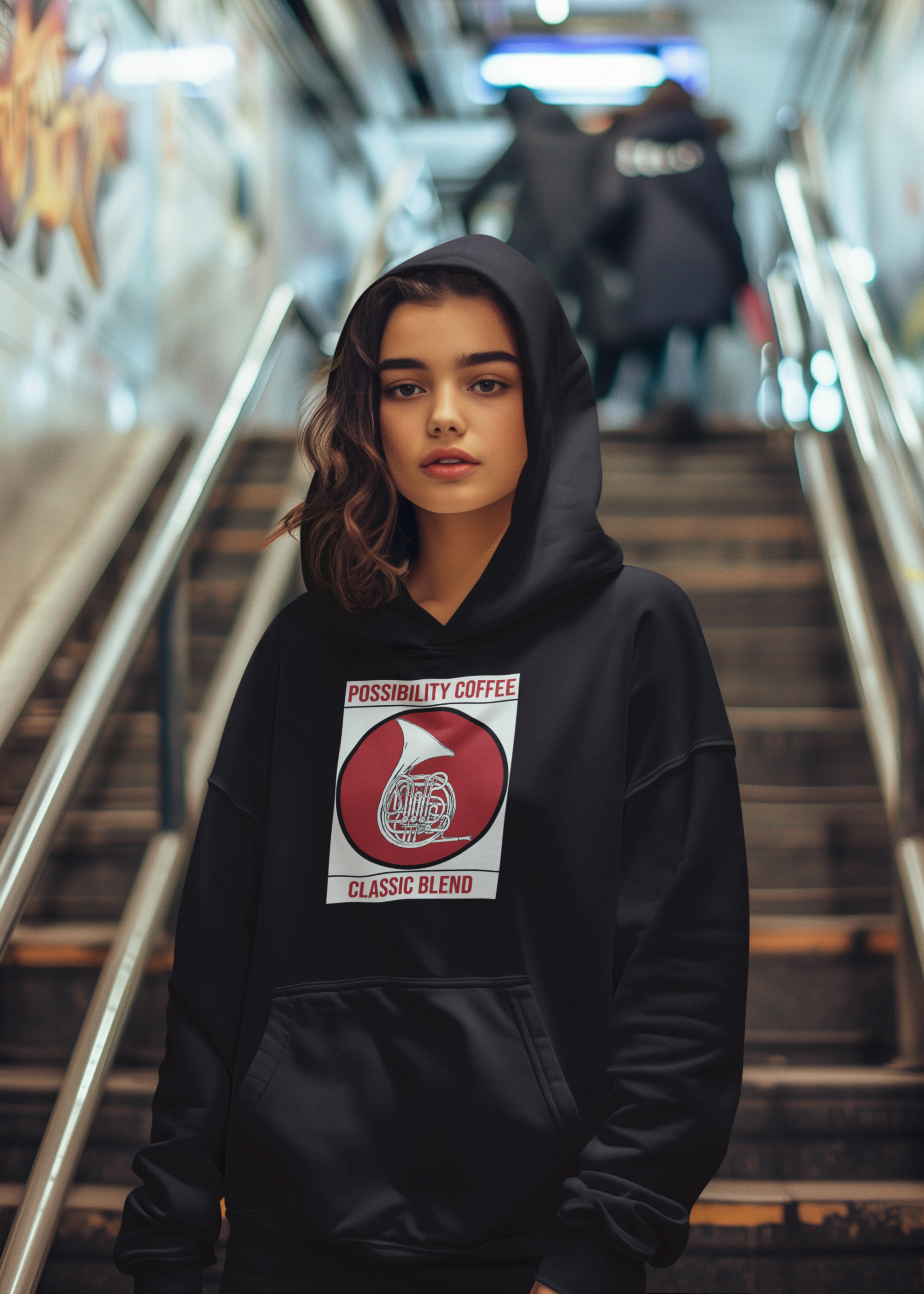 Black Possibility Coffee Classic Blend Hoodie on girl in subway