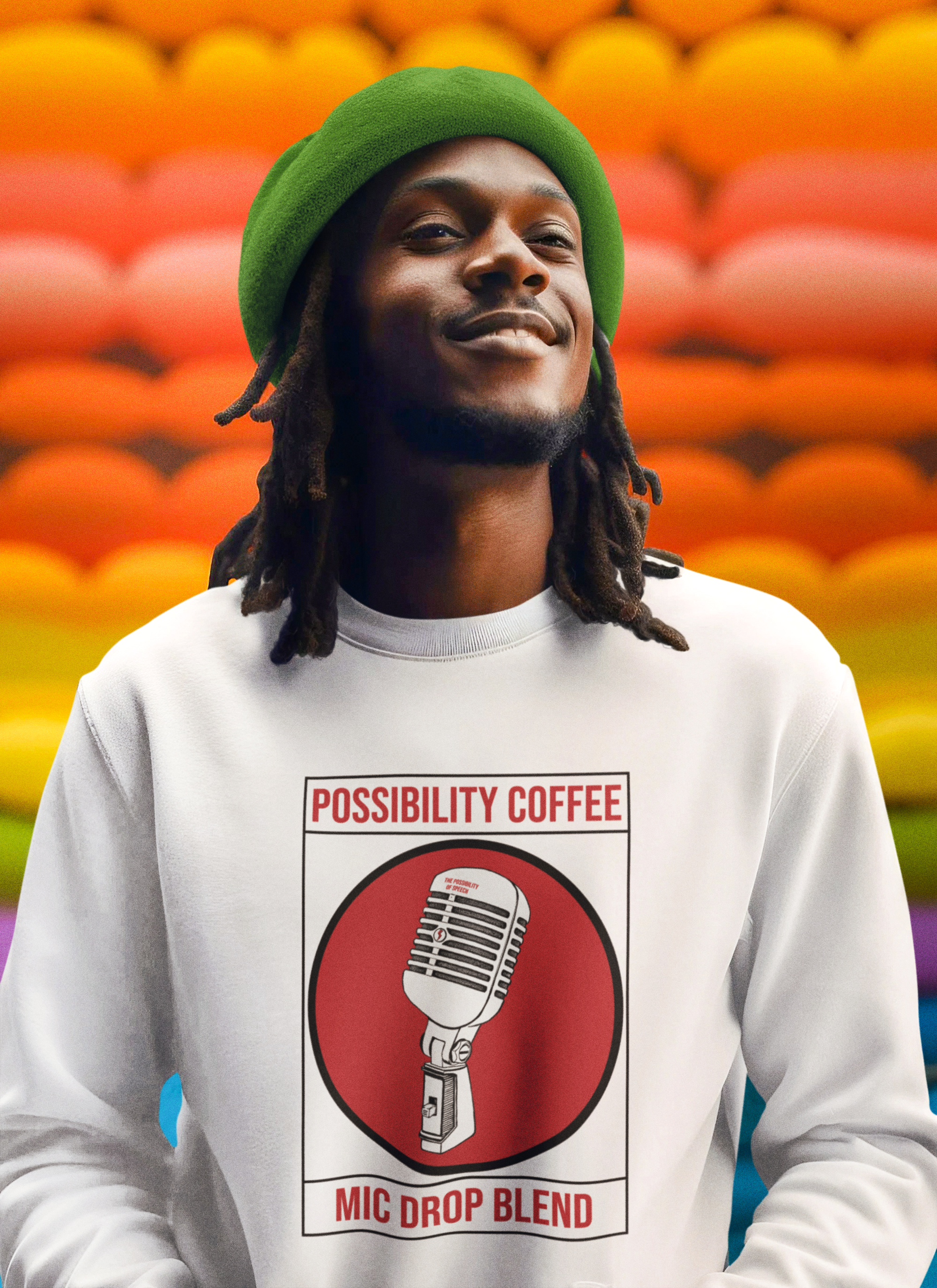 Man wearing Possibility Coffee Mic Drop Sweatshirt