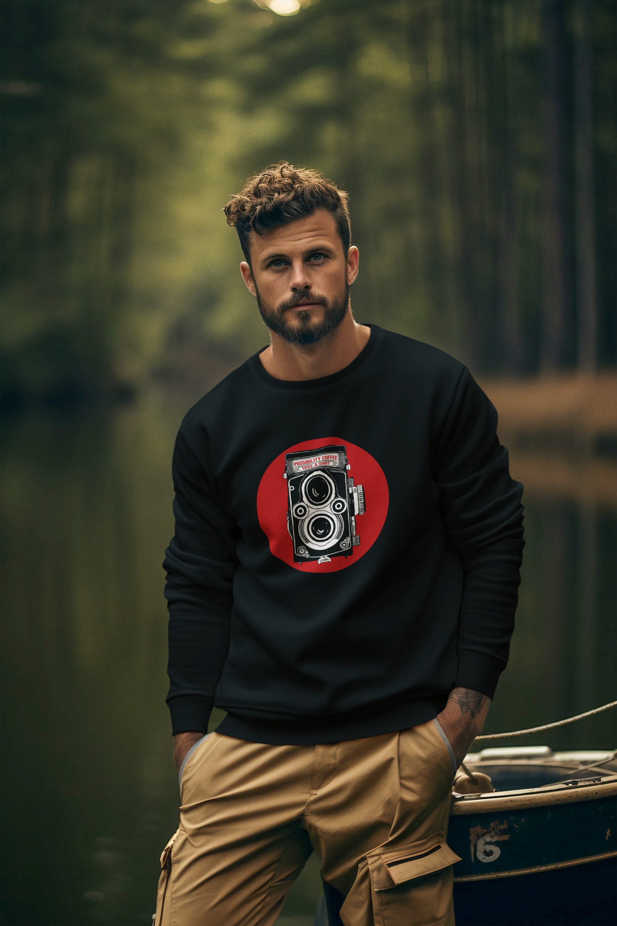 Man wearing Possibility Coffee Take a Shot Espresso Sweatshirt