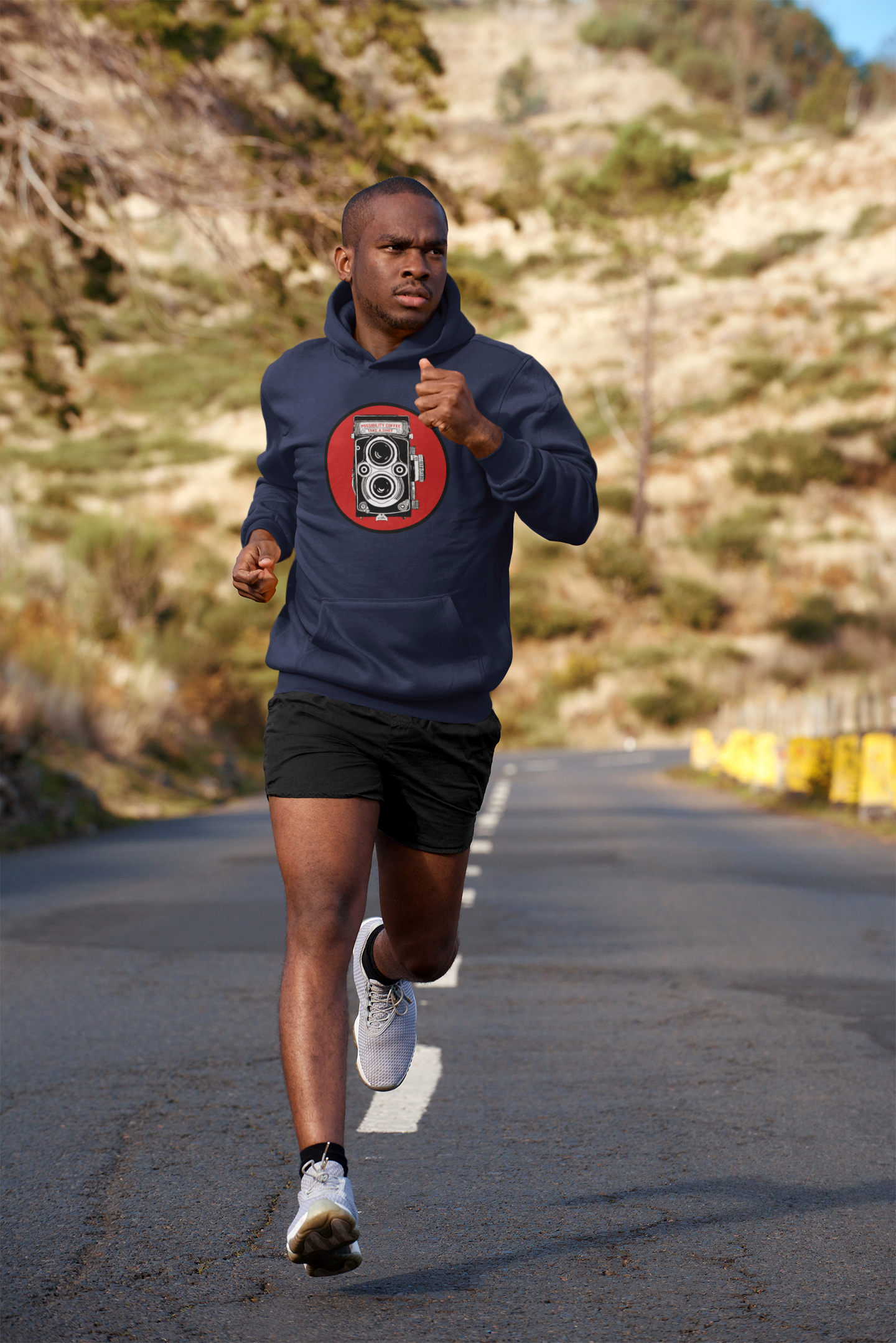 Man jogging in Take a shot espresso hoodie